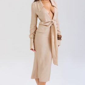 Nevaeh Almond Plunge Shirt Midi Dress - Image 7