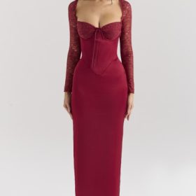Perdi Berry Satin Maxi Dress with Corset - Image 7