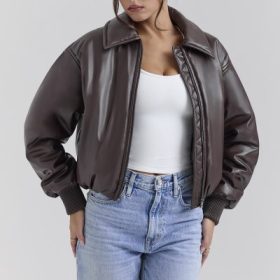 Sante Dark Brown Vegan Leather Bomber Jacket - Image 5