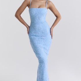 Eva Tuscan Blue Embroidered Floral Maxi Dress - Image 7