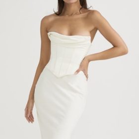 Sienna Ivory Satin Strapless Corset Midi Dress - Image 5