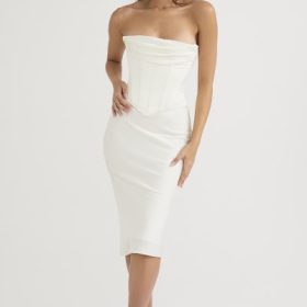 Sienna Ivory Satin Strapless Corset Midi Dress - Image 7