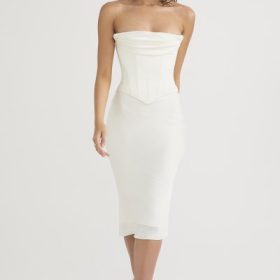 Sienna Ivory Satin Strapless Corset Midi Dress - Image 8