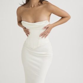 Sienna Ivory Satin Strapless Corset Midi Dress - Image 9