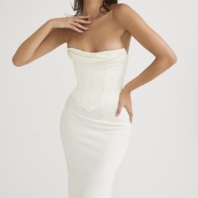 Sienna Ivory Satin Strapless Corset Midi Dress - Image 10