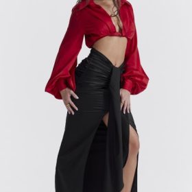 Arla Black Draped Silk Maxi Skirt - Image 7