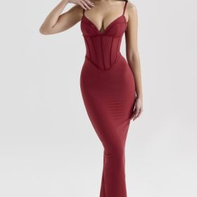 Romy Wine Mesh Bodycon Maxi Dress - Image 8