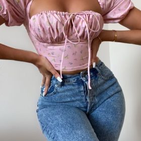 Arianna Pink Floral Puff Sleeve Corset - Image 7