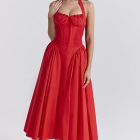 Adabella Italian Tomato Cotton Halter Sundress - Image 6