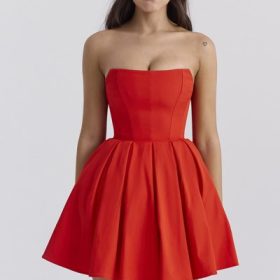 Emmanuela Italian Tomato Strapless Pleated Mini Dress - Image 5