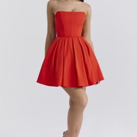Emmanuela Italian Tomato Strapless Pleated Mini Dress - Image 8