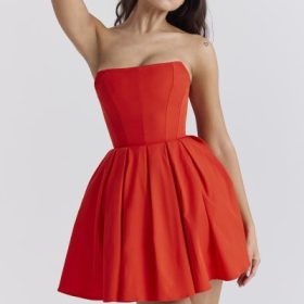 Emmanuela Italian Tomato Strapless Pleated Mini Dress - Image 9