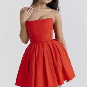 Emmanuela Italian Tomato Strapless Pleated Mini Dress - Image 10