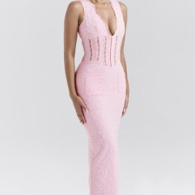 Sophina Perfectly Pink Broderie Anglais Plunge Maxi Dress - Image 9