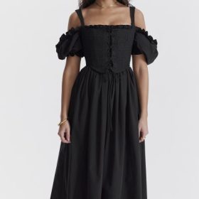 Silvana Black Puff Sleeve Midi Sundress - Image 10