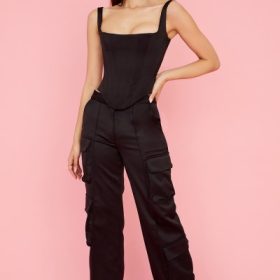 Daria Black Satin Straight Leg Cargo Trousers - Image 8