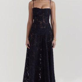 Seren Black Floral Lace Back Maxi Dress - Image 5