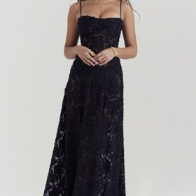Seren Black Floral Lace Back Maxi Dress - Image 7