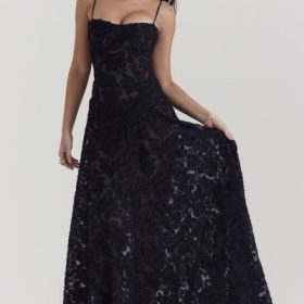 Seren Black Floral Lace Back Maxi Dress - Image 8