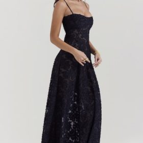 Seren Black Floral Lace Back Maxi Dress - Image 9