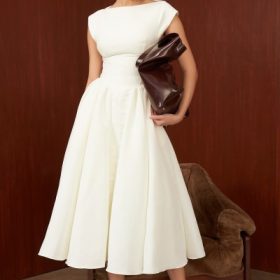 Debutante Ivory Moire Satin Midi Dress - Image 6
