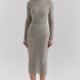 Margo Grey Velour Sheer Striped Midi Skirt - Image 5