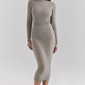 Margo Grey Velour Sheer Striped Midi Skirt - Image 7