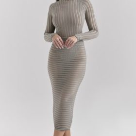 Margo Grey Velour Sheer Striped Midi Skirt - Image 8