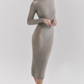 Margo Grey Velour Sheer Striped Midi Skirt - Image 9