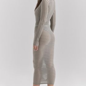 Margo Grey Velour Sheer Striped Midi Skirt - Image 10