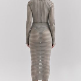 Margo Grey Velour Sheer Striped Midi Skirt - Image 11