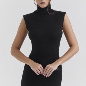 Gaia Black Cashmere Blend Turtle Neck Midi Dress - Image 7