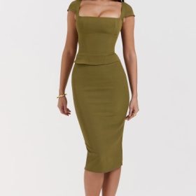 Layana Olive Corset Midi Dress - Image 9