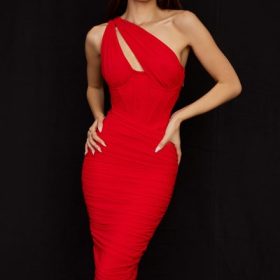 Valentina Scarlet Asymmetric Cutout Midi Dress - Image 5