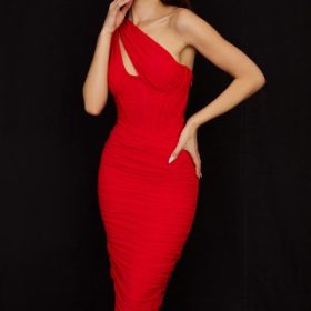Valentina Scarlet Asymmetric Cutout Midi Dress - Image 9