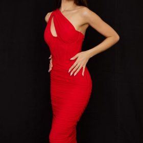 Valentina Scarlet Asymmetric Cutout Midi Dress - Image 10