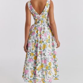 Emmelina White Vintage Rose Print Cotton Corset Sundress