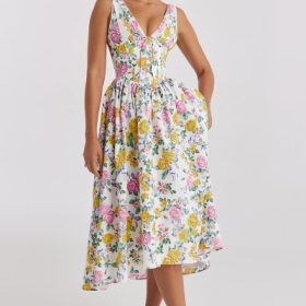 Emmelina White Vintage Rose Print Cotton Corset Sundress - Image 5