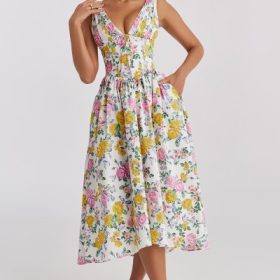 Emmelina White Vintage Rose Print Cotton Corset Sundress - Image 6