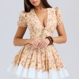 Imani Honeyflower Print Pleated Cotton Mini Dress - Image 5