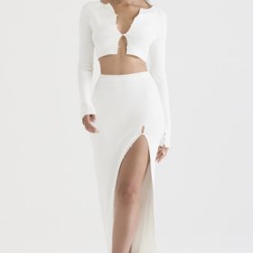 Gioia Ivory Ribbed Knit Button Front Maxi Skirt - Image 7