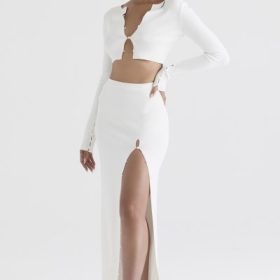 Gioia Ivory Ribbed Knit Button Front Maxi Skirt - Image 8