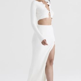 Gioia Ivory Ribbed Knit Button Front Maxi Skirt - Image 9