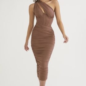 Valentina Mocha Asymmetric Cutout Midi Dress - Image 9