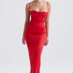 Shani Red Satin Corset Maxi Dress - Image 5