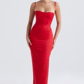 Shani Red Satin Corset Maxi Dress - Image 7