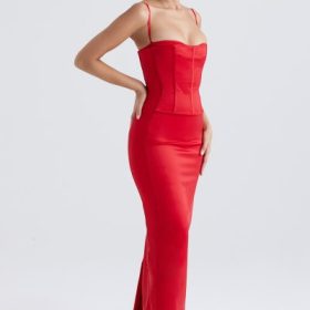 Shani Red Satin Corset Maxi Dress - Image 10