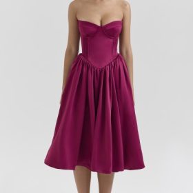 Coco Burgundy Satin Tulle Midi Dress - Image 5