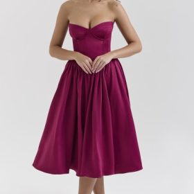 Coco Burgundy Satin Tulle Midi Dress - Image 6