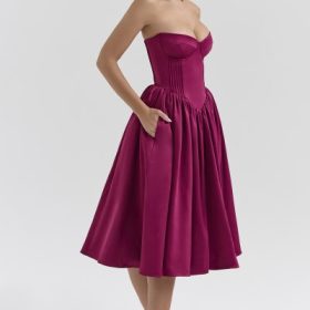 Coco Burgundy Satin Tulle Midi Dress - Image 7